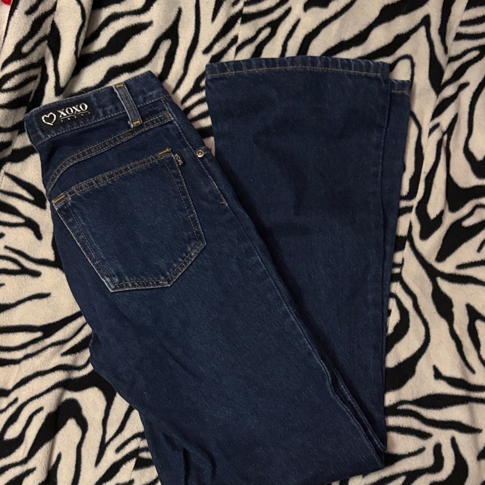 dark blue high rise boot cut jeans